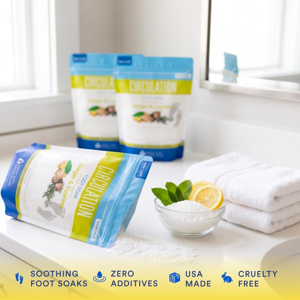 Circulation Foot Soak 32 Ounces (2 Lbs) Epsom Salt with Pure Essential Oils Ginger and Cypress Essential Oils Plus Vitamin C in BPA Free Pouch with Easy Press Lock Seal