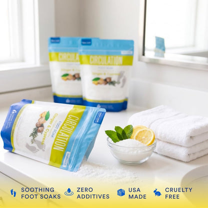 Circulation Foot Soak 32 Ounces (2 Lbs) Epsom Salt with Pure Essential Oils Ginger and Cypress Essential Oils Plus Vitamin C in BPA Free Pouch with Easy Press Lock Seal