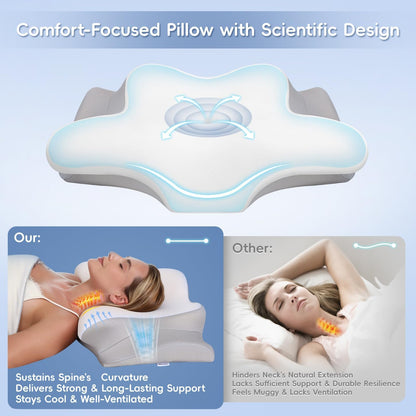Cervical Neck Pillow, Memory Foam Pillows for Neck & Shoulder Pain Relief, 2 Heights Ergonomic Pillow with Breathable Ice Silk Cover, Neck Support Pillow for Stomach Sleepers Grey