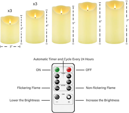 Nimiko Flameless Candles with Remote, Battery Operated Flickering Flameless Candles, LED Candles with Timer 2/4/6/8H, with Realistic LED Candles Set of 9 (D3 x H 3" 4" 5" 6" 7") (Ivory)