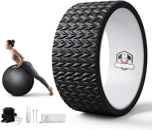 HAPBEAR Yoga Wheel Set with Exercise Ball, 12'' Back Roller Wheel for Back Pain Relief, Foam Roller for Back Stretching, Physical Therapy & Muscle Massage