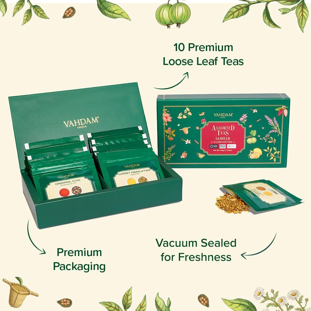 VAHDAM Top 10 Favourites Tea Sampler Set | Loose Leaf Tea (50+ Cups) | Tea Variety Pack with Green, Herbal, Black & Chai Brew | Vacuum Sealed For Freshness | Brew Hot & Col