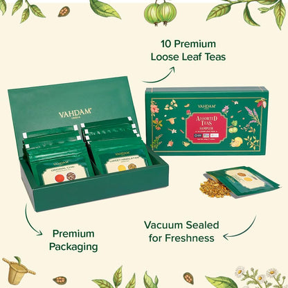 VAHDAM Top 10 Favourites Tea Sampler Set | Loose Leaf Tea (50+ Cups) | Tea Variety Pack with Green, Herbal, Black & Chai Brew | Vacuum Sealed For Freshness | Brew Hot & Col