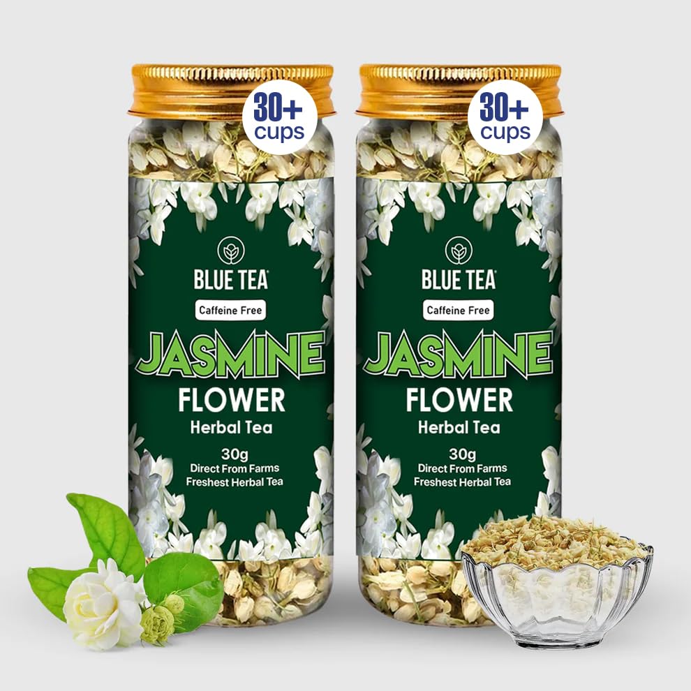 BLUE TEA - Jasmine Tea - 2.10 Oz - Pack of 2 (60 Cups) Loose | MOOD ENHANCING TEA | Caffeine Free - Skin Nourishing - Flower Based - Herbal Tea - Calming Tea - Non-GMO - Gluten Free - Vegan | Reusable Pet Jar