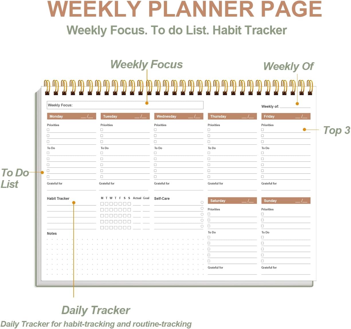 Weekly Productivity Planner - 8" x 11" Dashboard Desk Pad/Planner, Habit Tracker, Spiral Undated Weekly Planner for Office/School/Home, 54 Weeks, Grey