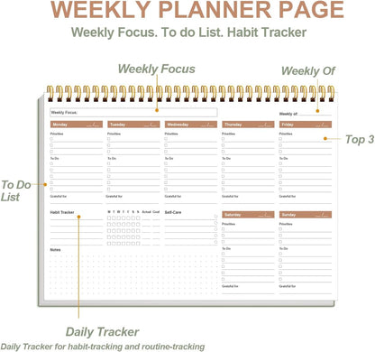 Weekly Productivity Planner - 8" x 11" Dashboard Desk Pad/Planner, Habit Tracker, Spiral Undated Weekly Planner for Office/School/Home, 54 Weeks, Grey
