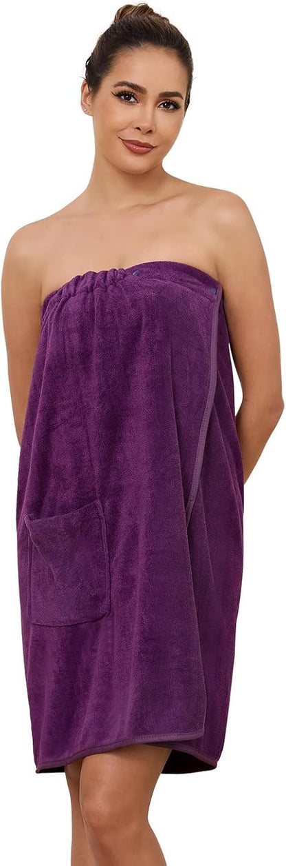 AMVELOP Womens Knee Length Wrap Towel,Button Bath Robe Adjustable Closure,Lightweight Spa Bathrobes With Pocket