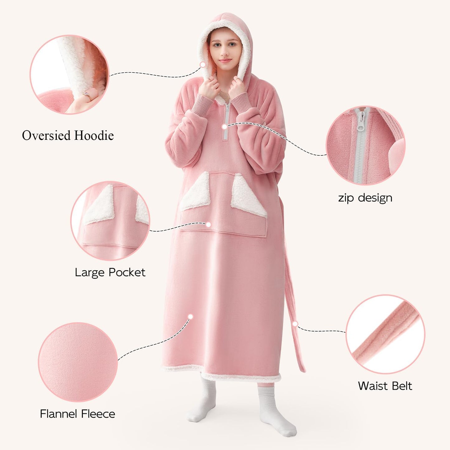 Touchat Wearable Blanket Hoodie, Oversized Sherpa Blanket Sweatshirt with Hood Pocket and Sleeves, Super Soft Warm Plush Hooded Blanket for Adult Women Men, One Size Fits All (Pink)