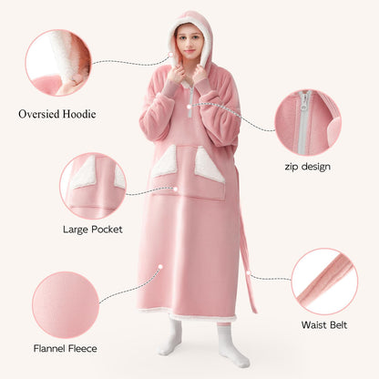 Touchat Wearable Blanket Hoodie, Oversized Sherpa Blanket Sweatshirt with Hood Pocket and Sleeves, Super Soft Warm Plush Hooded Blanket for Adult Women Men, One Size Fits All (Pink)