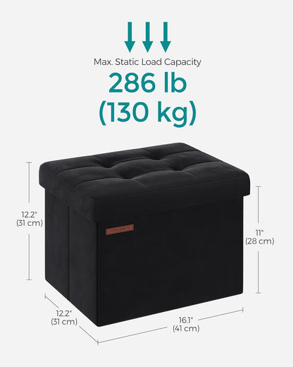 SONGMICS Small Folding Storage Ottoman, Foot Rest Stool, Cube Footrest, Synthetic Leather, 12.2 x 16.1 x 12.2 Inches, 286 lb Capacity, for Living Room, Bedroom, Dorm, Ink Black ULSF100B01