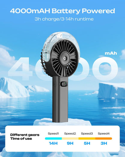 Otlonpe Handheld Misting Fan Portable, 4000mAh Rechargeable Battery Powered, Small Personal Mister Fan with Water Spray Cooling, 4-Speed Wind, LED Display, Hand Held Mist Fans for Travel Outdoor Beach