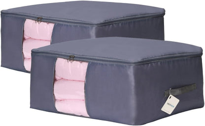 Blanket Storage Bags Pillow Bedspread Bedding Clothes Organizer Storage Containers With Zippers Breathable and Moistureproof. (Navy blue 2pcs, L)