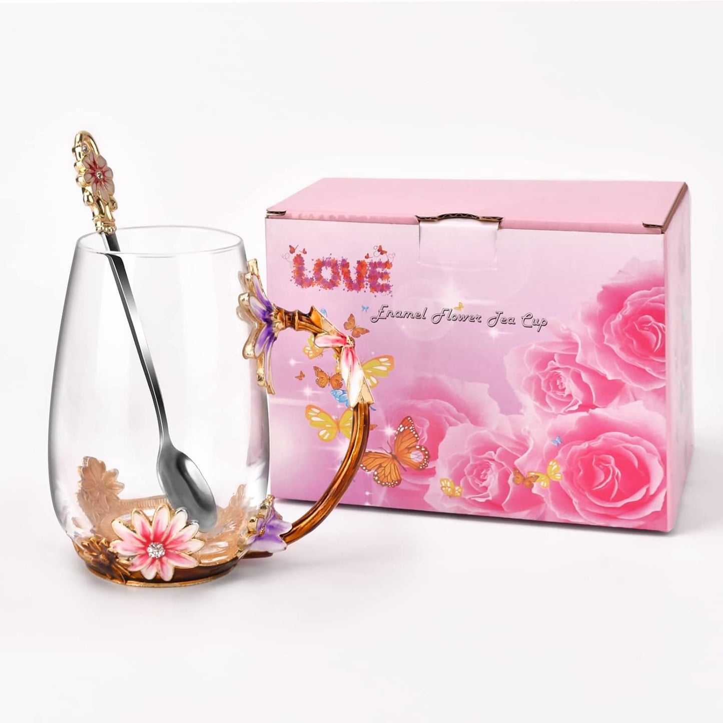 Enamel Glass Flower Tea Pot With Removable Loose Tea Leaf Infuser Tea Maker Teapot Set 30.4OZ Gifts for Women,Mom,Birthday