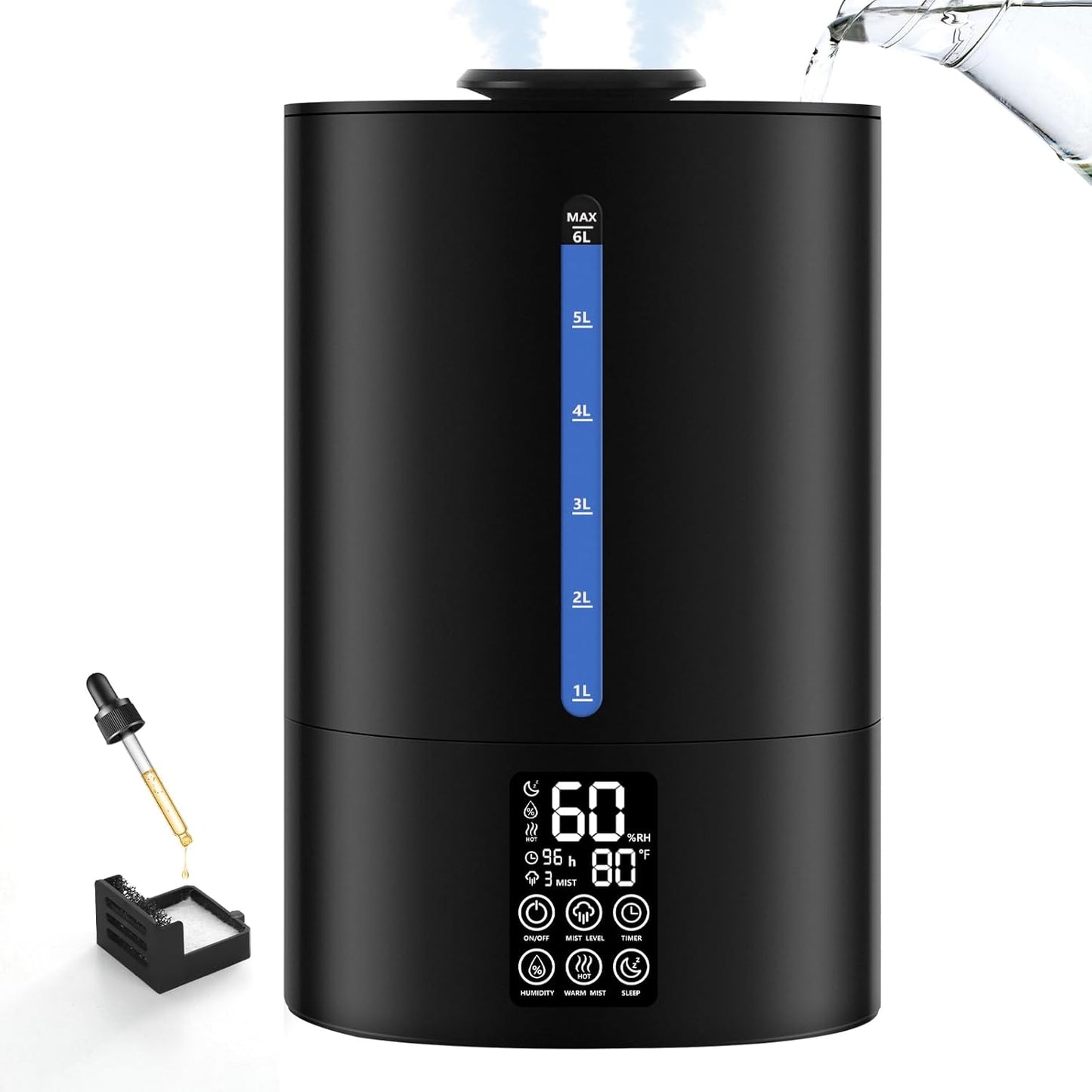 Coolfiqu 6L Humidifiers for Bedroom Large Room Home,Cool and Warm Humidifier for Baby and Plants Hot Mist Top Fill Desk Humidifiers Oil Diffuser,Quiet,Adjustable Mist,360°Nozzle-Black(2026 Upgraded)