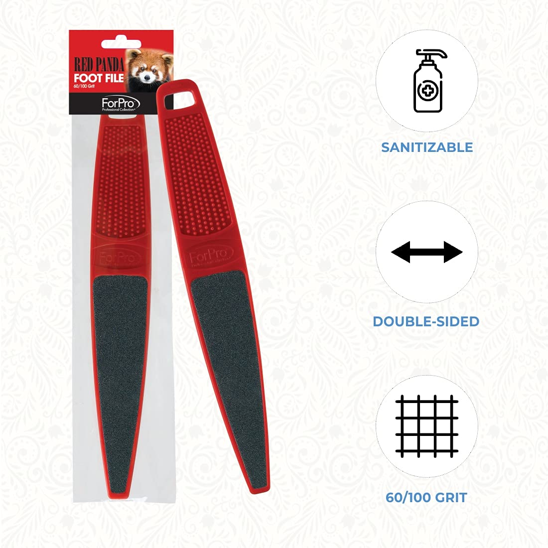 ForPro Professional Collection Red Panda Foot File, 60/100 Grit, Double-Sided Pedicure File for Feet and Heels, 10.5” L (Pack of 6)