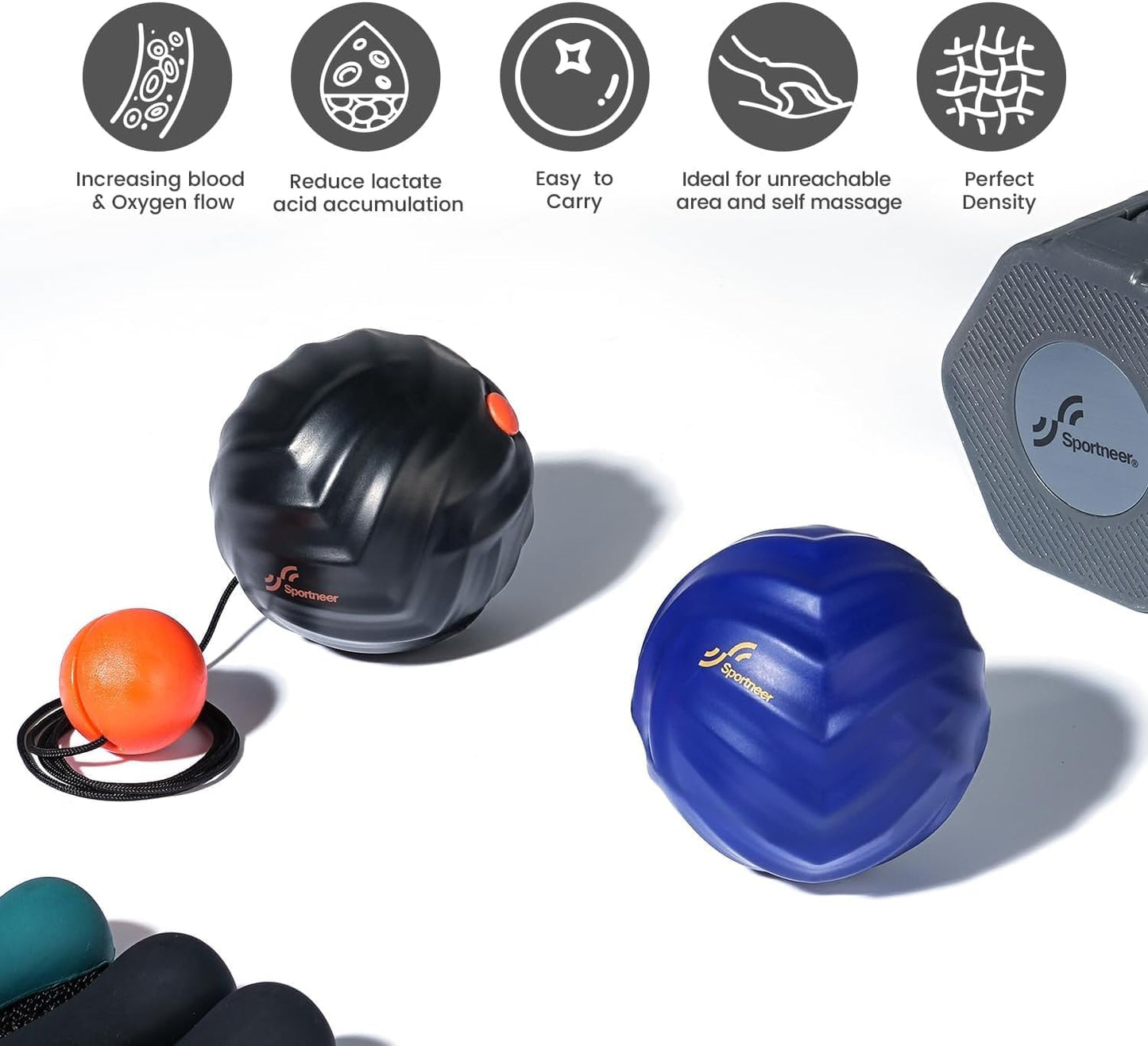 Sportneer Massage Balls for Trigger Point Therapy, Lacrosse Ball with String, Muscle Myofascial Massage Balls for Deep Tissue Release Foot Plantar Fasciitis,Hard Ball for Back Shoulder Relax- Blue