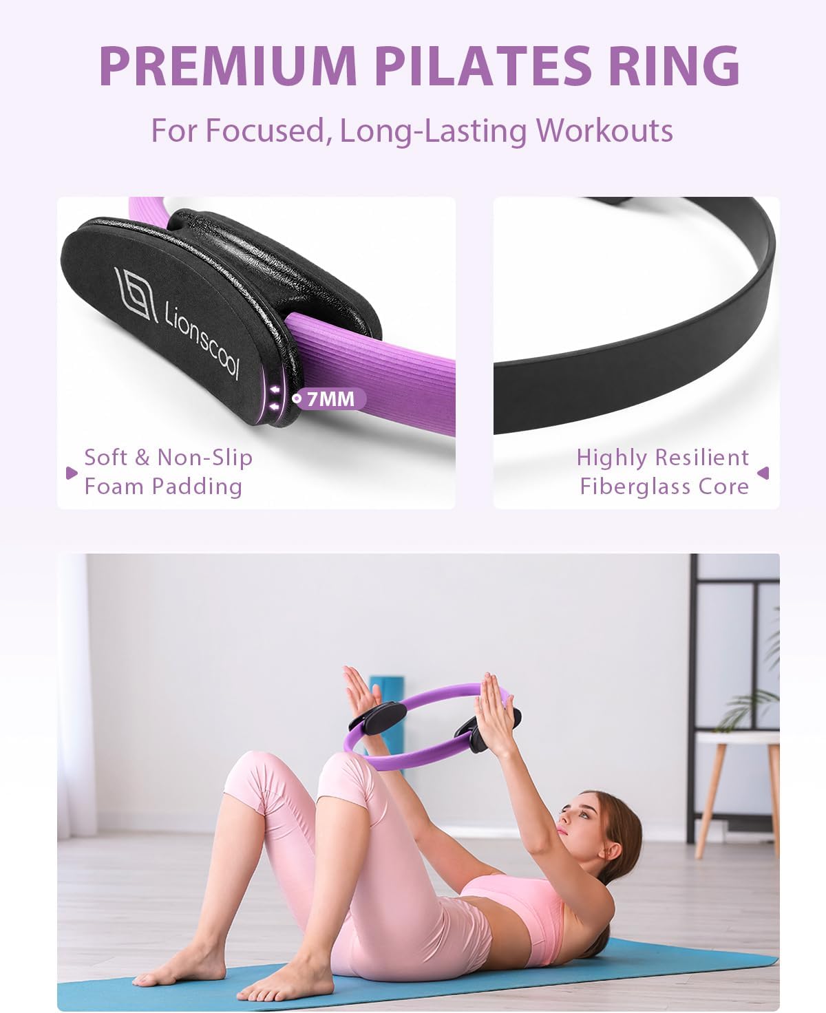 LIONSCOOL Pilates Ring Set – 14" Anti-Deformation Magic Circle with Padded Handles, Mini Ball, Resistance Bands, Guide & Bag