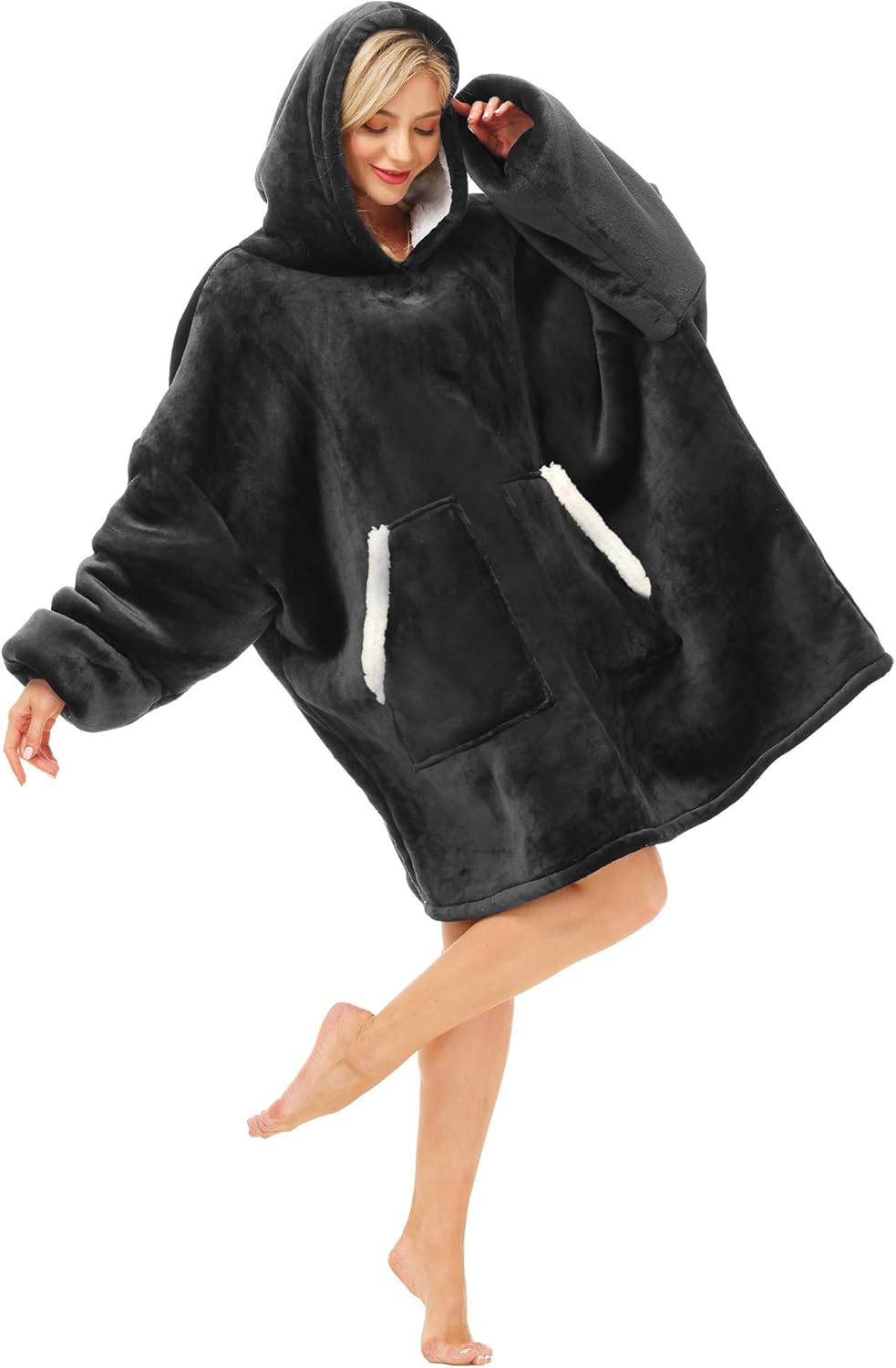 Kipswiza Wearable Blanket Hoodie Gifts for Women and Men, Oversized Cozy Warm Flannel Sherpa Hooded Blankets Sweatshirt with Giant Pockets for Adult and Teens, Dark Gray