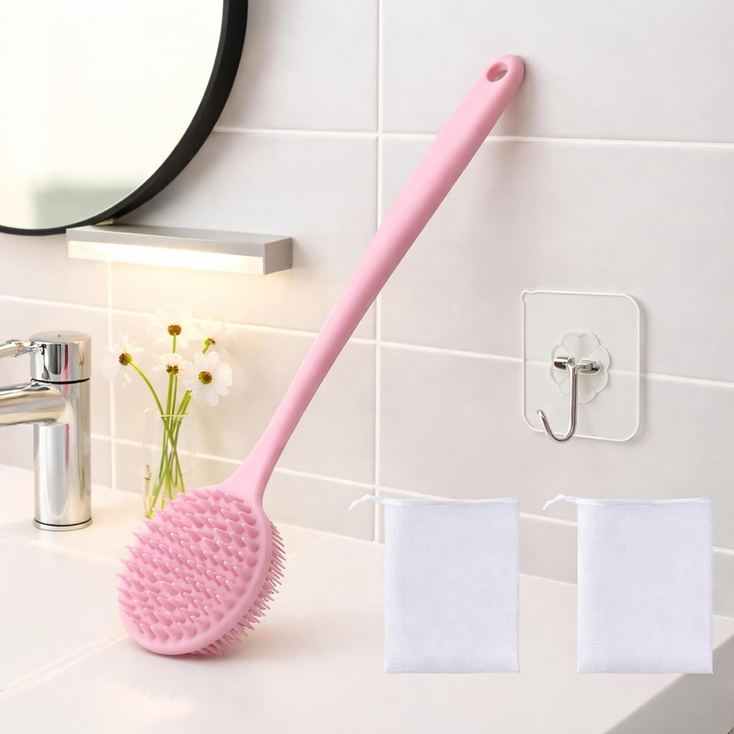 Silicone Body Scrubber for Shower Men Women – Dual-Sided Exfoliating & Massage Shower Brush with Long Handle, Creates Rich Lather, Includes 1 Hook & 2 Lather Balls (Black).