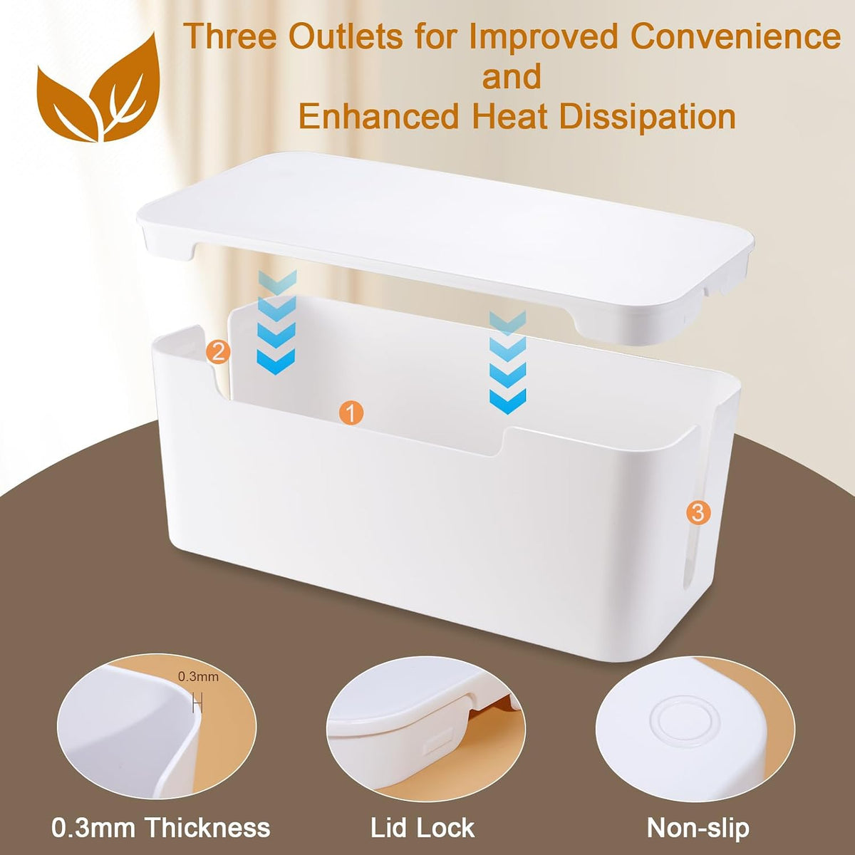 Eichzer Cable Management Box with Lid, Three Entry/Exit Slots, White