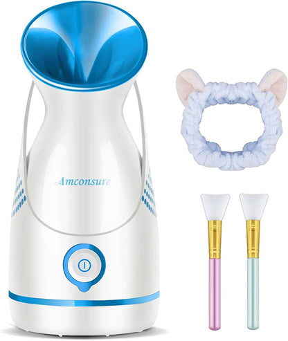 Amconsure Facial Steamer - Nano Ionic Face Steamer Warm Mist Steamer for Home Sauna SPA, Humidifier for Face Steamer for Deep Cleaning Unclogs Pores Sinuses - Bonus 5 Piece Stainless Steel Skin Kit