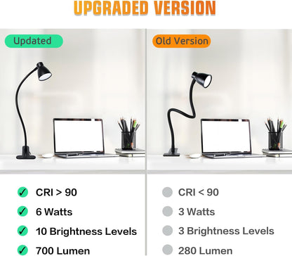 CRI 90+ Eye-Care Clip Light for Reading, 6W Small Clamp Lamp for Desk, Flexible Gooseneck Clip Lamp for Bed Headboard with 3 Color Modes & 10 Brightness(Adapter Include)