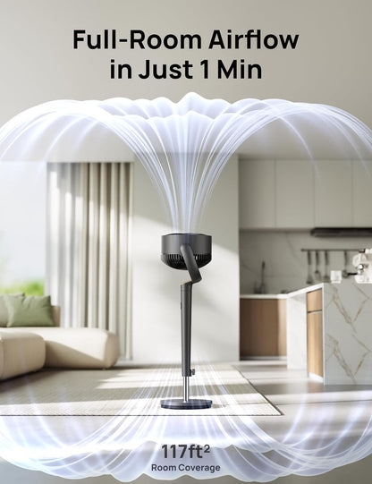 DREO Fan for Bedroom, 120° Oscillating Standing Fan, Quiet Floor Fan with DC Motor, Pedestal Fan for Room, 9 Speeds, 4 modes, 20dB, 120° Manual Vertical, 37-42" Adjustable Height, 9H Timer, Dark Gray
