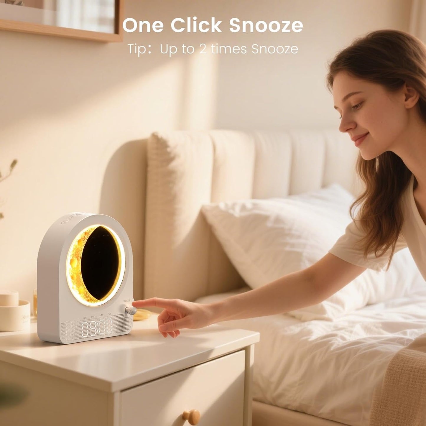 Sunrise Alarm Clock, White Noise Machine & Meteor Moonlight - 10 Soothing Sounds, Dual Alarms, 30/60/90min Timer, Easy Snooze - Bedroom Gift for Insomnia Adults/Women - Wood Grain