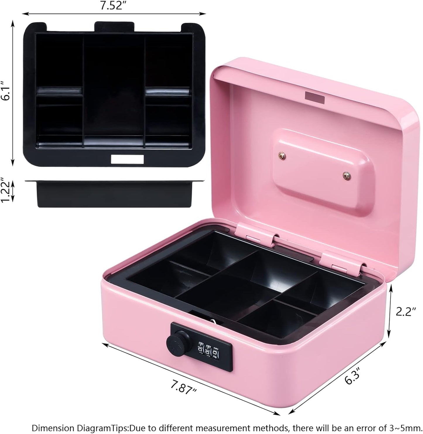 KYODOLED Small Cash Box with Combination Lock & Removable Money Tray, Black