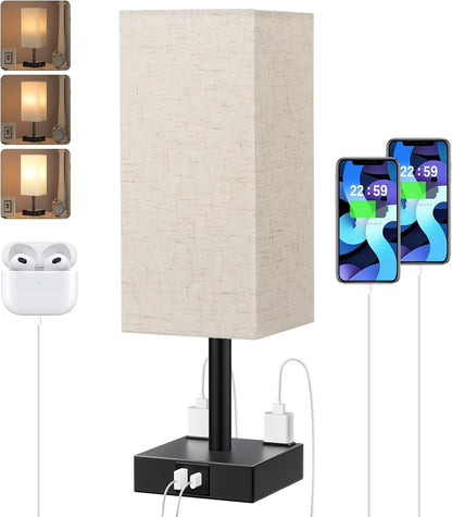 【Upgraded】Bedside Table Lamp Touch Control, with USB C+A Charging Ports & Dual AC Outlets, 3-Way Nightstand Lamp for Bedroom with LampShade Living Room Office(LED Dimmable Bulb Included)
