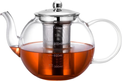 Glass Teapot, 1200ml (40oz) Tea Pot with Infuser for Loose Tea and Blooming Tea, Stovetop Safe Tea Kettle, Hand Crafted Borosilicate Glass Tea Maker with Scale Line, Tea Gift Set for Tea Lovers