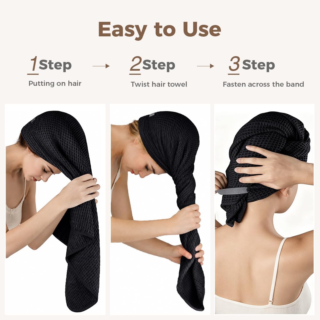 HOMEXCEL 5 Pack Microfiber Hair Towels - 40 x 20 inches Super Soft, Fast Drying Turbans for Long, Thick, Curly Hair - Anti Frizz Wrap with Elastic Strap