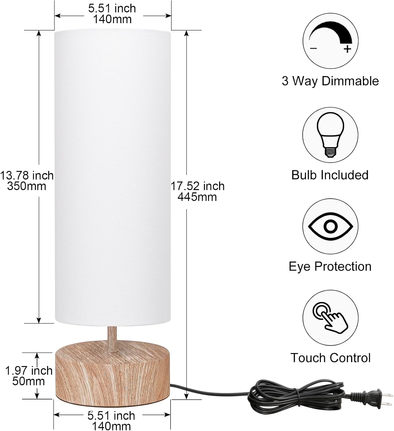 Touch Table Lamp, 3-Way Dimmable Modern Minimalist Accent Bedside Lamp with Cylinder Fabric Shade, Night Light Nightstand Desk Lamp for Bedroom Living Room Kitchen, 9W LED Bulb Included