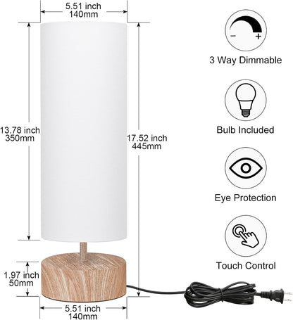 Touch Table Lamp, 3-Way Dimmable Modern Minimalist Accent Bedside Lamp with Cylinder Fabric Shade, Night Light Nightstand Desk Lamp for Bedroom Living Room Kitchen, 9W LED Bulb Included