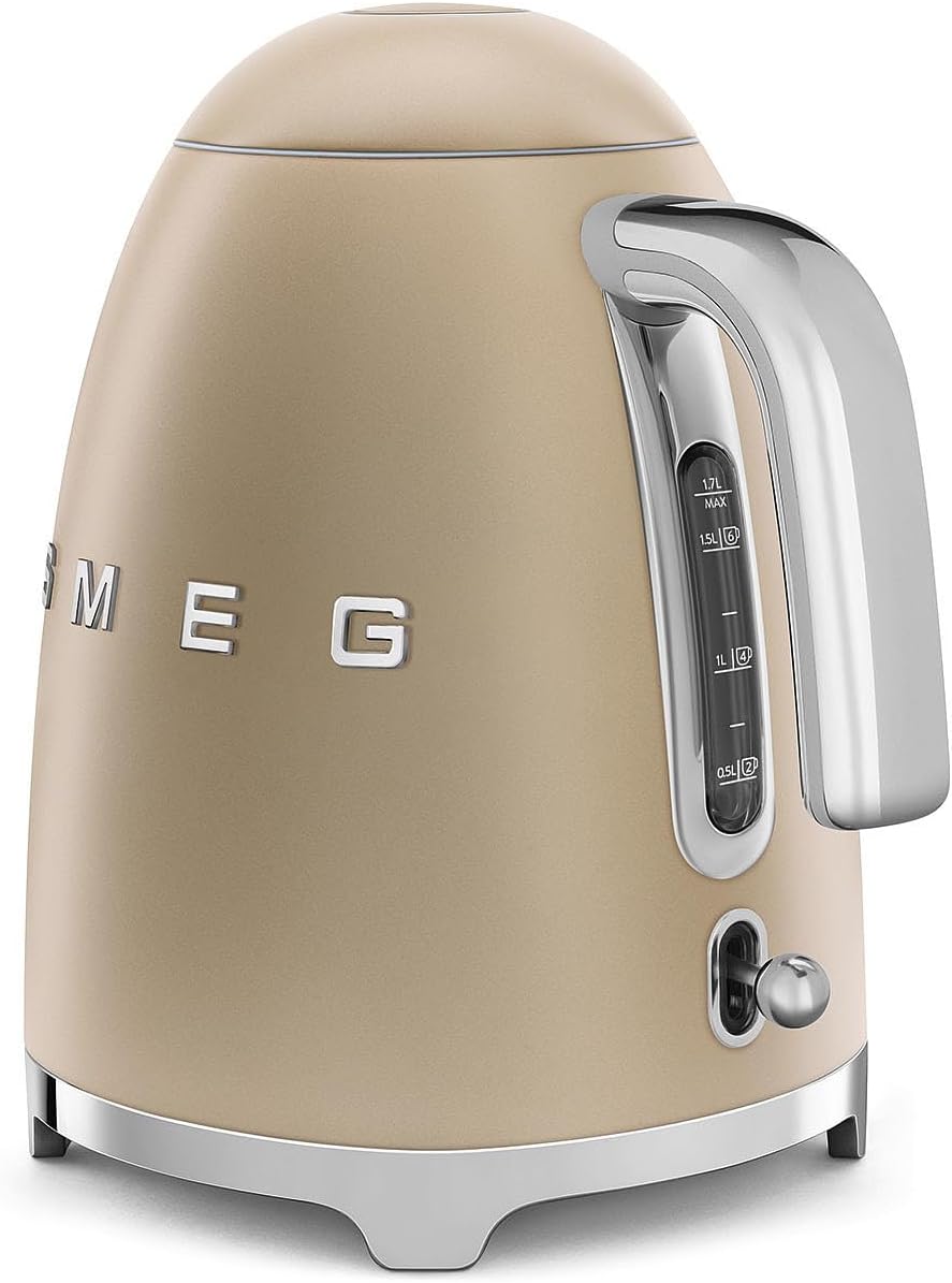 SMEG KLF03 Electric Kettle 1.7L (7 Cup), Retro Hot Water Boiler for Tea & Coffee, Fast Boiling, Auto Shut-Off, Soft Open Lid, 360° Swivel Base Countertop Kettle – Matte Champagne