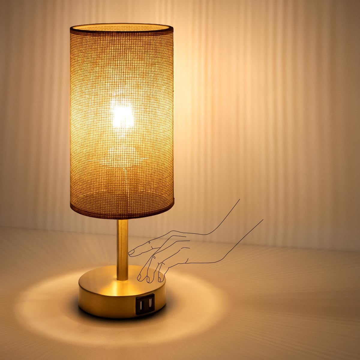 Yarra-Decor Bedside Table Lamp with USB Ports - Touch Control for Bedroom 3 Way Dimmable Nightstand Lamp with Round Fabric Shade for Living Room, Dorm, Home Office, Corded Electric, Without Battery
