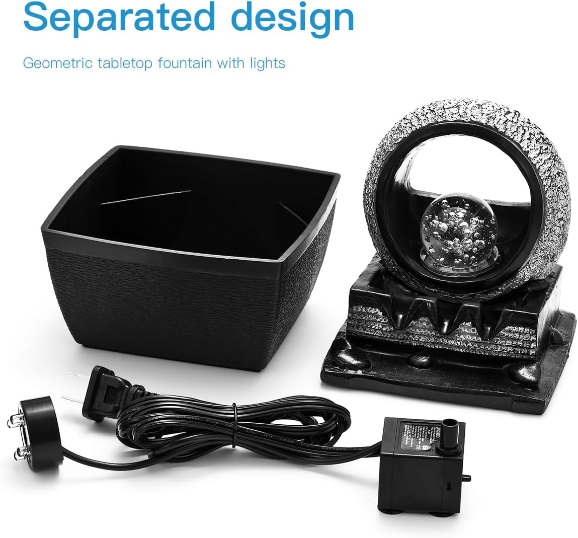 Tabletop Water Fountains, 3 Gears Desktop Fountain Indoor with Led Rolling Ball, Table Top Small Water Feature Interior Zen Relaxation Decor for Home Bedroom Living Room Office Apartment