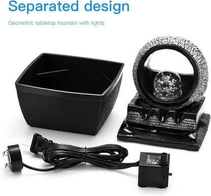 Tabletop Water Fountains, 3 Gears Desktop Fountain Indoor with Led Rolling Ball, Table Top Small Water Feature Interior Zen Relaxation Decor for Home Bedroom Living Room Office Apartment
