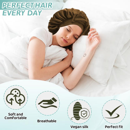 VECIIR Silk Bonnet for Sleeping Women, Ajustable Hair Bonnet for Curly Hairs Satin Bonnet Reduce Friction Prevent Frizz Black，Large