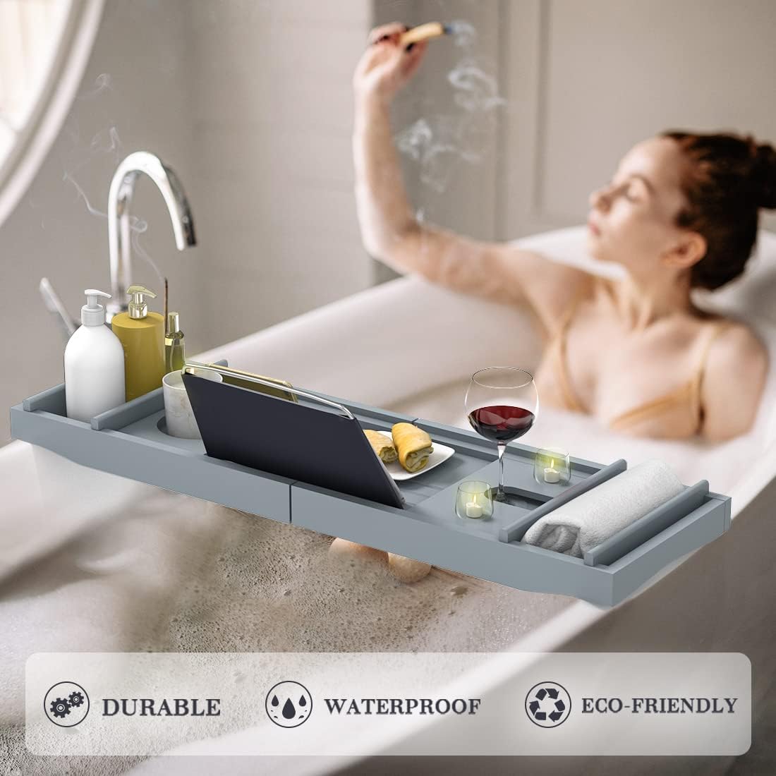Bath Caddy Tray for Bathtub - Bamboo Adjustable Organizer Tray for Bathroom with Free Soap Dish Suitable for Luxury Spa or Reading
