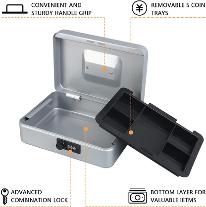 KYODOLED Cash Box with Combination Lock Safe Metal Money Box with Money Tray for Security Lock Box 7.87"x 6.30"x 3.35" Black