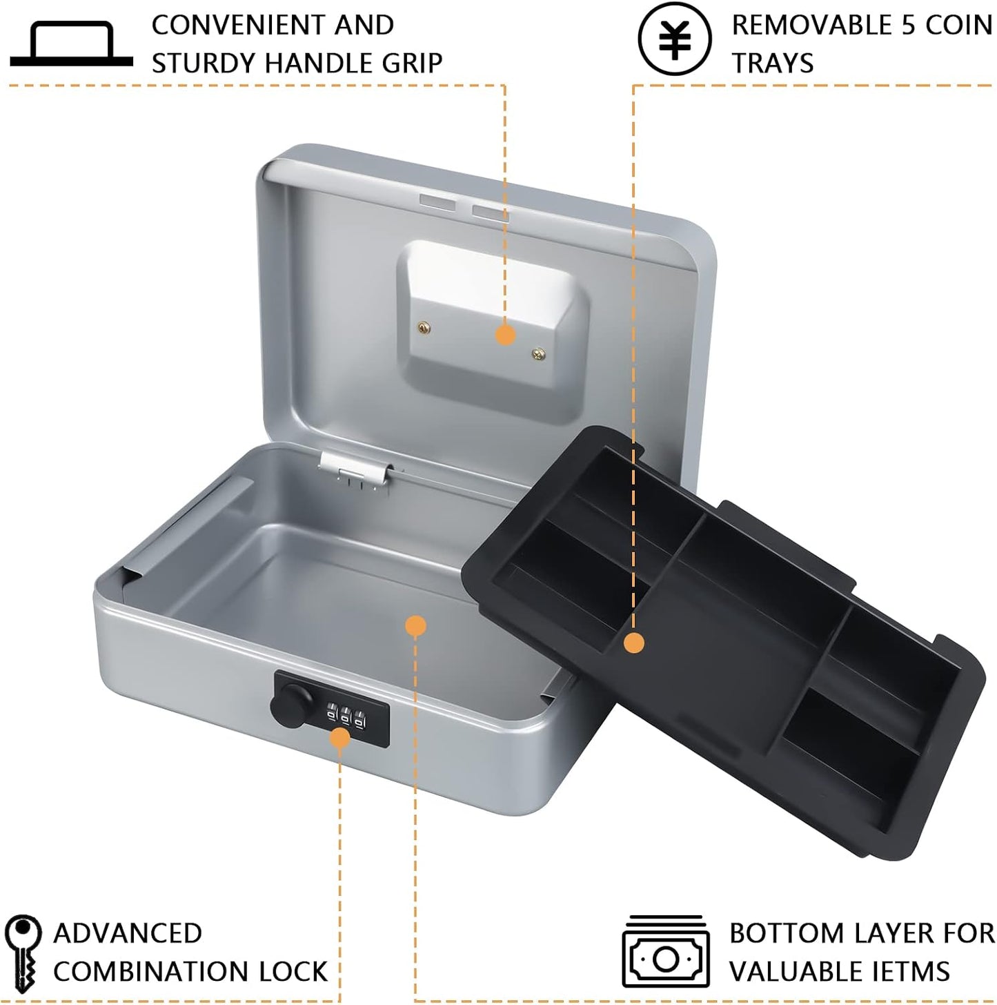 KYODOLED Small Cash Box with Combination Lock & Removable Money Tray, Black
