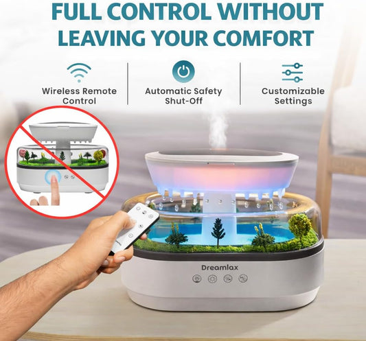Dreamlax Rain Humidifiers for Bedroom – Cool Mist Essential Oil Diffuser, White Noise Machine with 10 Nature Sounds, 7 LED Lights, Remote Control & Decorative Raindrop Lamp