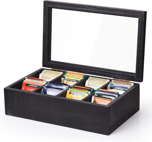 Alsonerbay Wooden Tea Box with Lid & 8-Compartment, Weathered Black