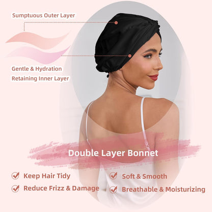 Adjustable Silk Satin Hair Bonnet for Sleeping Women, Double Layer, Silk Hair Wrap for Sleeping Women Men, Curly Natural Braid Straight Unisex - Pink
