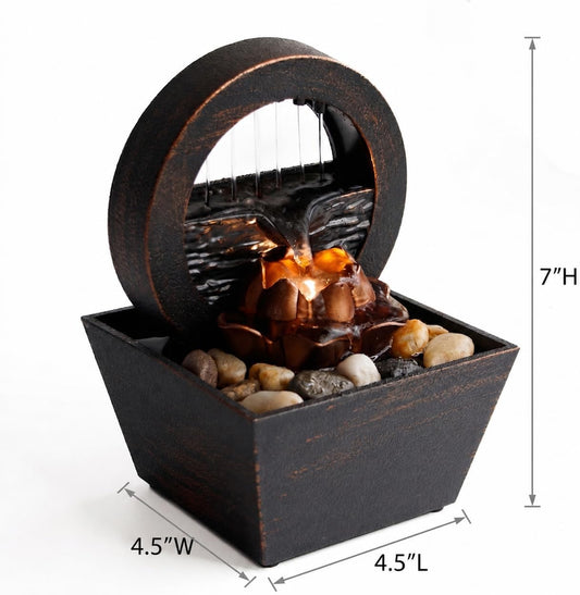 USB Tabletop Water Fountain with Warm Yellow LED – Compact Indoor Fountain with Real River Stones – Quiet Desktop Waterfall for Office, Bedroom, Yoga, Meditation – Bronze