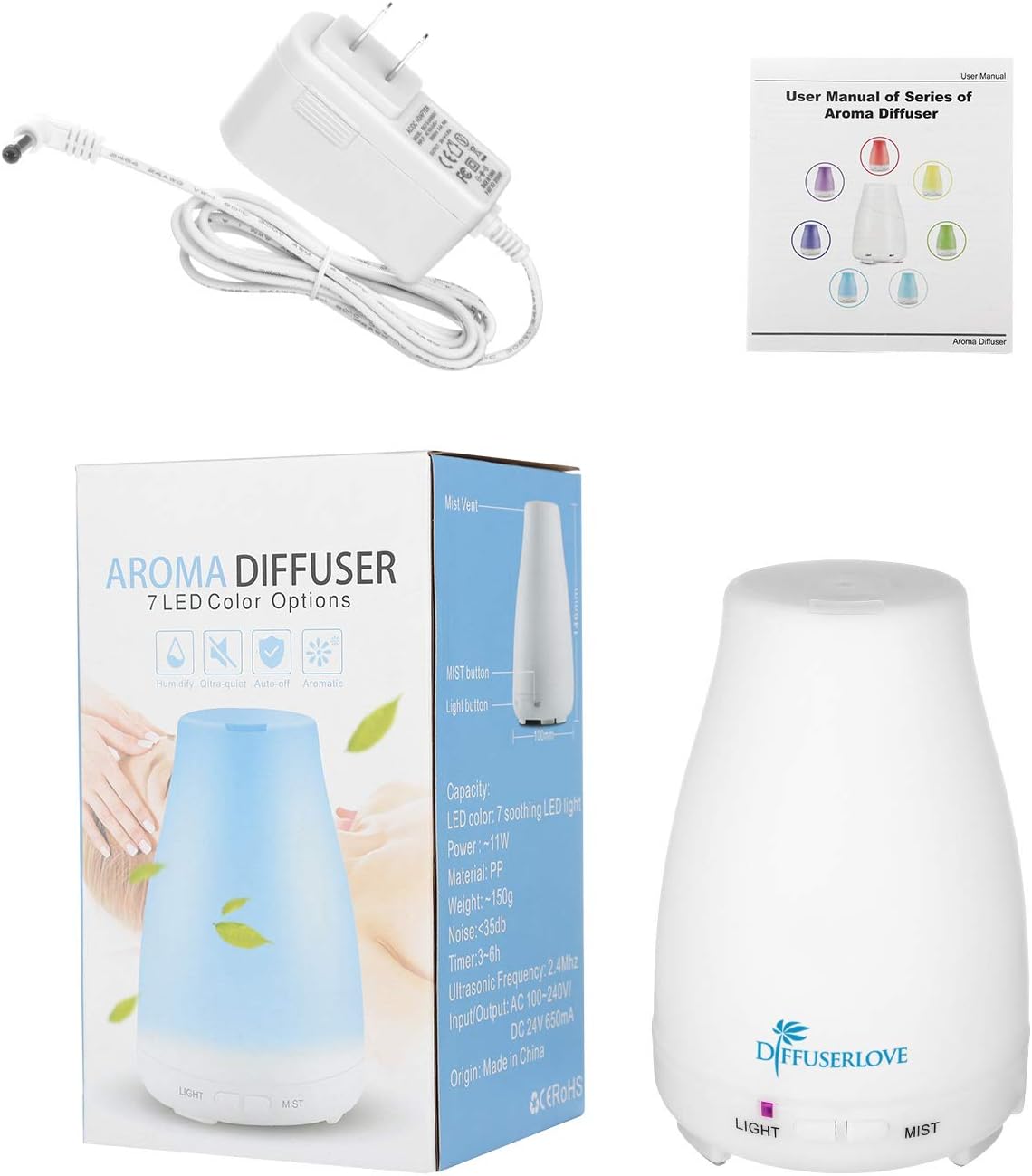 Diffuserlove Diffuser 2 Pack Essential Oil Diffuser 200ML Remote Control Ultrasonic Aromatherapy Diffuser Mist Humidifiers for Bedroom Office Yoga