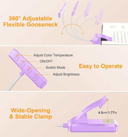 Gritin 2026 Gen 2 Book Light for Reading- 32 Eye Caring Full Spectrum LED | 5 Colors & 5 Brightness, Adjustable Wide/Narrow Beam, Upgrade 1500mAh Long-Lasting Rechargeable Clip on Light for Book Lovers