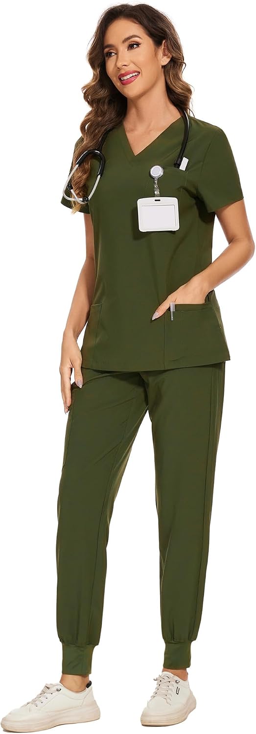 COZYFIT Scrubs for Women Set - Stretch V-Neck Scrub Top & Jogger Pant with 8 Pockets COZY SCRUBS - Colors E