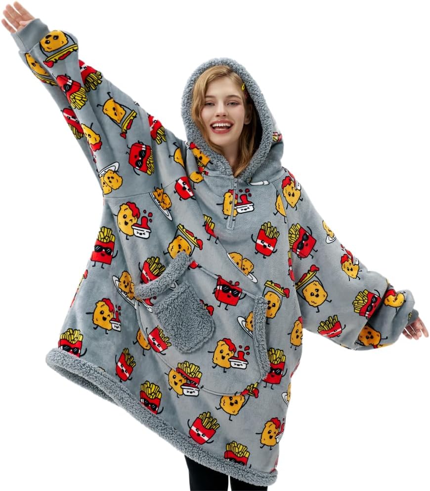 Giggling Getup Wearable Blanket Hoodie for Adults Gifts for Teen Girls Sister Women Sherpa Fleece Printed Hooded Blanket Sweatshirt Warm Cozy with Pocket & Sleeves Beige Cat